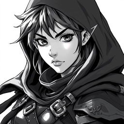 A beautifully detailed anime-style greyscale illustration featuring a female half-orc thief with striking facial features