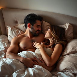 A passionate intimate moment between a couple in bed, showcasing their deep connection and affection for one another