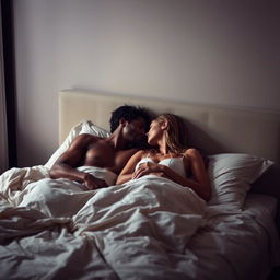 A couple in a private, intimate moment in bed, expressing their deep connection and passion for each other