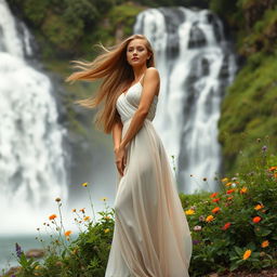 A beautiful woman standing gracefully in front of majestic waterfalls, her hair flowing and catching the mist from the cascading water