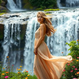 A beautiful woman standing gracefully in front of majestic waterfalls, her hair flowing and catching the mist from the cascading water