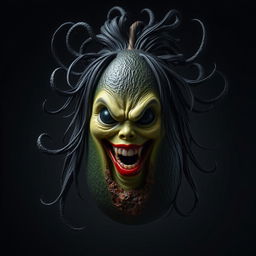 An evil, realistic feminine avocado with a menacing appearance