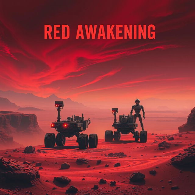 A haunting yet inspirational science fiction book cover titled 'Red Awakening'