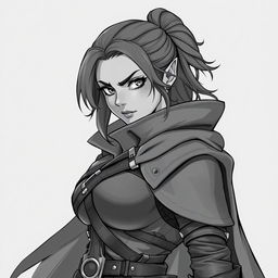 Anime style greyscale illustration of a female half-orc thief with small fangs, showcasing her from the shoulders up