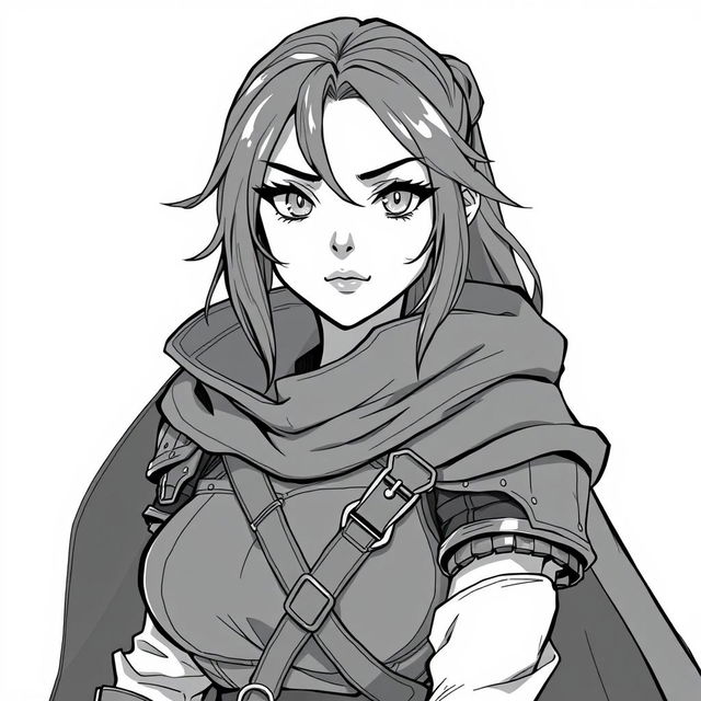 Anime style greyscale illustration of a female half-orc thief with small fangs, showcasing her from the shoulders up