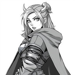 Anime style greyscale illustration of a female half-orc thief with small fangs, showcasing her from the shoulders up