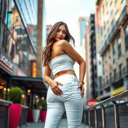 A fashionable young woman in very tight white jeans that beautifully highlight her figure, with an emphasis on her curves