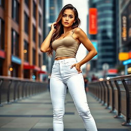 A fashionable young woman in very tight white jeans that beautifully highlight her figure, with an emphasis on her curves