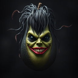 An evil, rotten, realistic feminine avocado with a malevolent presence