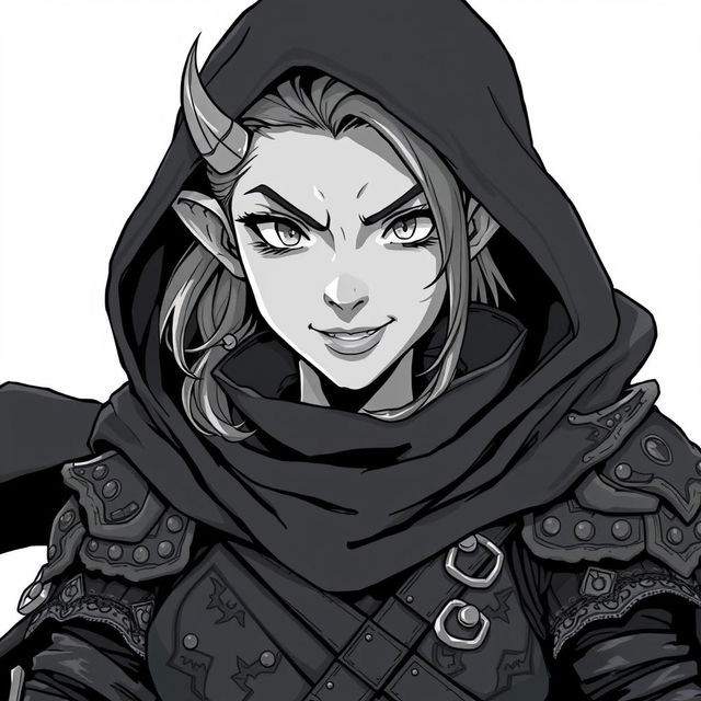 A stunning anime style greyscale illustration featuring a female orc thief