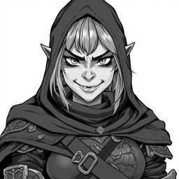 A stunning anime style greyscale illustration featuring a female orc thief