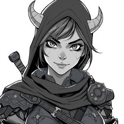 A stunning anime style greyscale illustration featuring a female orc thief