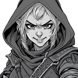 A stunning anime style greyscale illustration featuring a female orc thief