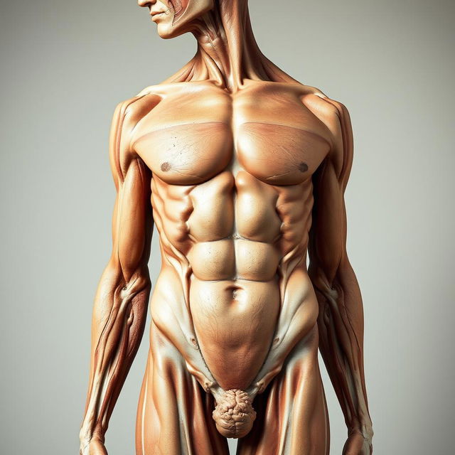 A striking and artistic depiction of a large, anatomical representation of a human male form, focusing on the natural beauty and intricacies of human anatomy