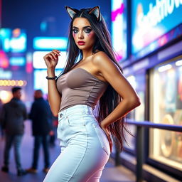 A fashionable young woman with a playful cat face makeup, wearing very tight white jeans that accentuate her curves and offer a stylish look