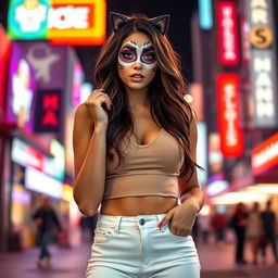 A fashionable young woman with a playful cat face makeup, wearing very tight white jeans that accentuate her curves and offer a stylish look
