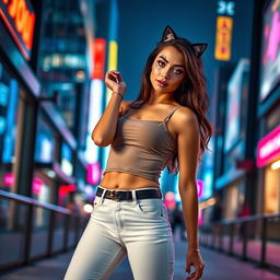 A fashionable young woman with a playful cat face makeup, wearing very tight white jeans that accentuate her curves and offer a stylish look