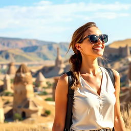 A beautiful woman wearing stylish sunglasses, strolling through the picturesque landscapes of Cappadocia, particularly in the town of Ürgüp