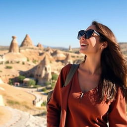 A beautiful woman wearing stylish sunglasses, strolling through the picturesque landscapes of Cappadocia, particularly in the town of Ürgüp