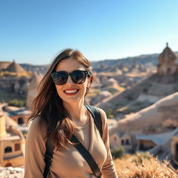 A beautiful woman wearing stylish sunglasses, strolling through the picturesque landscapes of Cappadocia, particularly in the town of Ürgüp