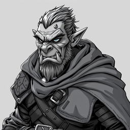 A highly detailed anime style greyscale illustration of a male orc thief, showcasing small fangs, wearing rugged leather armor, and a flowing cloak that adds to the allure of the character