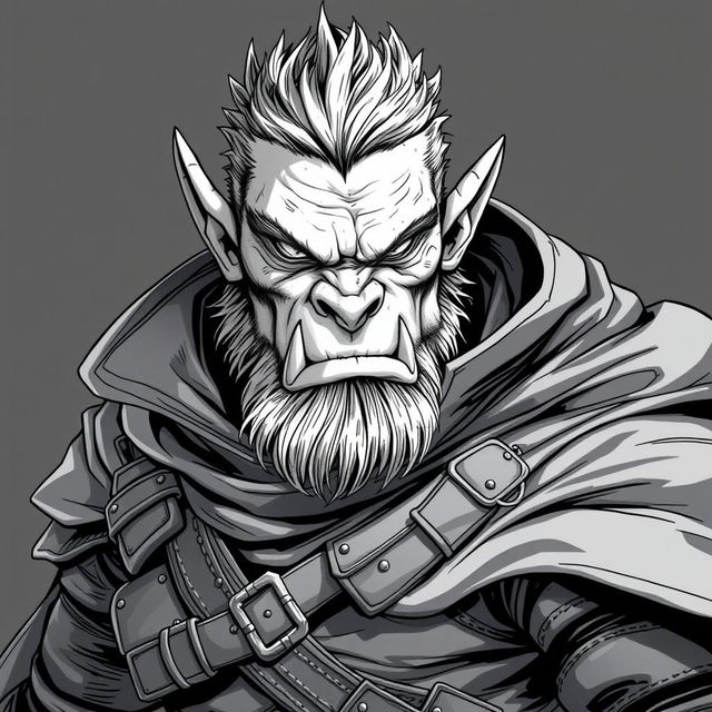 A highly detailed anime style greyscale illustration of a male orc thief, showcasing small fangs, wearing rugged leather armor, and a flowing cloak that adds to the allure of the character