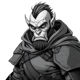 A highly detailed anime style greyscale illustration of a male orc thief, showcasing small fangs, wearing rugged leather armor, and a flowing cloak that adds to the allure of the character