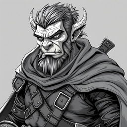 A highly detailed anime style greyscale illustration of a male orc thief, showcasing small fangs, wearing rugged leather armor, and a flowing cloak that adds to the allure of the character