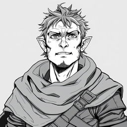 A detailed anime style greyscale illustration of a male half-orc thief, featuring his distinctive small fangs, dressed in rugged leather armor and a flowing cloak