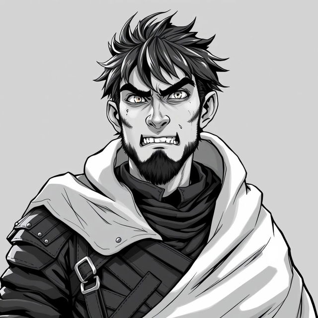 A detailed anime style greyscale illustration of a male half-orc thief, featuring his distinctive small fangs, dressed in rugged leather armor and a flowing cloak