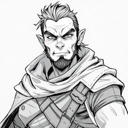 A detailed anime style greyscale illustration of a male half-orc thief, featuring his distinctive small fangs, dressed in rugged leather armor and a flowing cloak