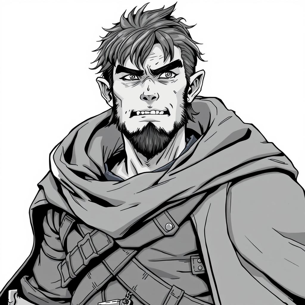 A detailed anime style greyscale illustration of a male half-orc thief, featuring his distinctive small fangs, dressed in rugged leather armor and a flowing cloak