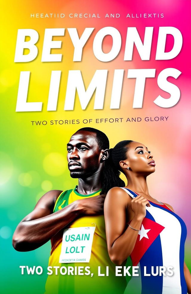 A vibrant and inspiring book cover for a biographical book titled 'Beyond Limits: Two Stories of Effort and Glory', featuring both Usain Bolt and Mireya Luis as prominent figures