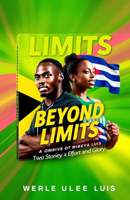 A vibrant and inspiring book cover for a biographical book titled 'Beyond Limits: Two Stories of Effort and Glory', featuring both Usain Bolt and Mireya Luis as prominent figures
