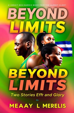 A vibrant and inspiring book cover for a biographical book titled 'Beyond Limits: Two Stories of Effort and Glory', featuring both Usain Bolt and Mireya Luis as prominent figures