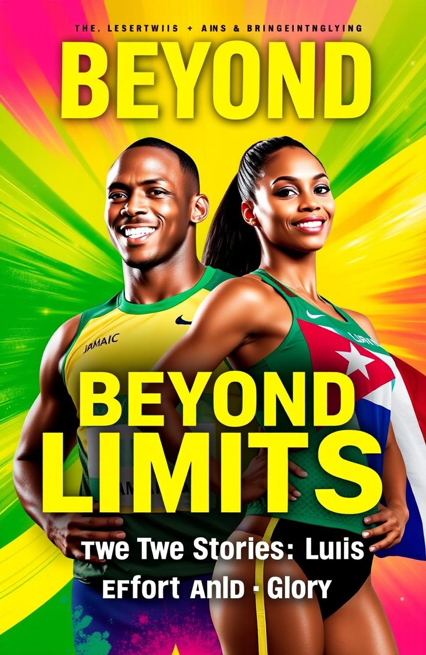 A vibrant and inspiring book cover for a biographical book titled 'Beyond Limits: Two Stories of Effort and Glory', featuring both Usain Bolt and Mireya Luis as prominent figures