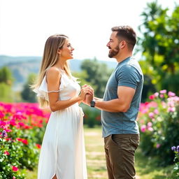 A beautiful woman and a handsome man holding hands tightly, looking into each other's eyes with a sense of determination and connection