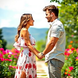 A beautiful woman and a handsome man holding hands tightly, looking into each other's eyes with a sense of determination and connection