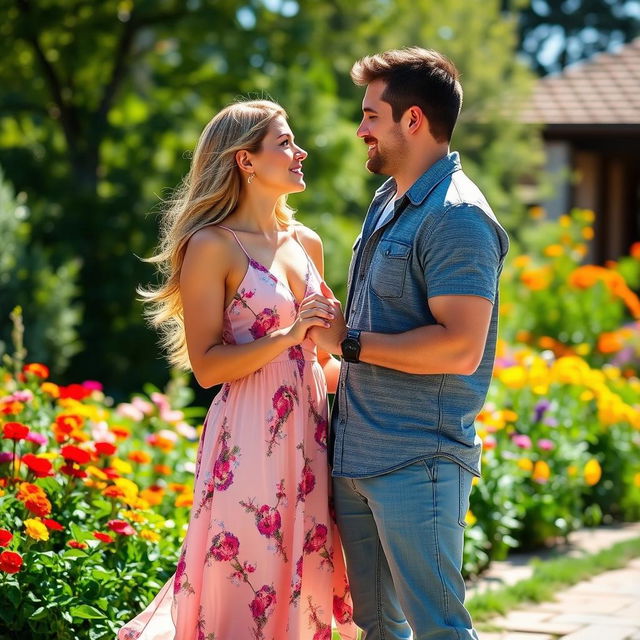 A beautiful woman and a handsome man holding hands tightly, looking into each other's eyes with a sense of determination and connection