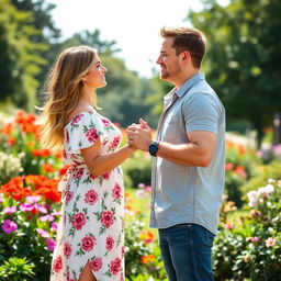 A beautiful woman and a handsome man holding hands tightly, looking into each other's eyes with a sense of determination and connection
