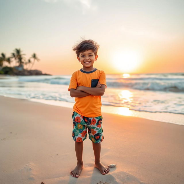 A joyful Indian boy posing confidently near a beautiful beach, wearing colorful shorts and a bright t-shirt, with the ocean waves gently crashing in the background