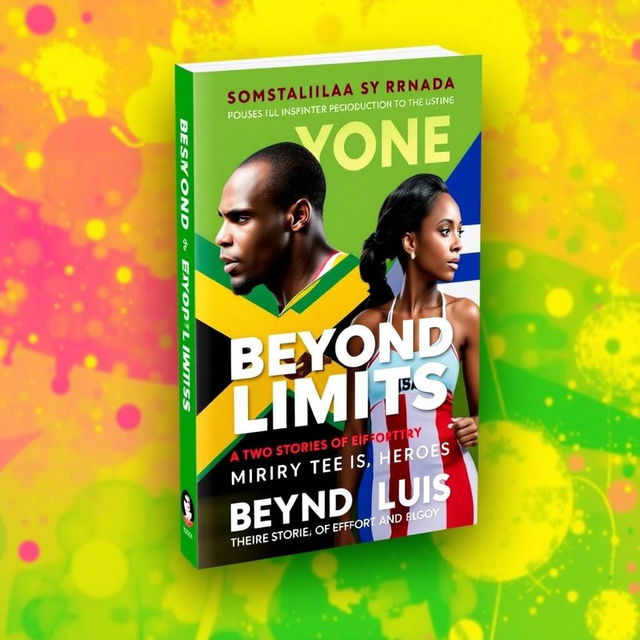 A vibrant and inspiring book cover for a biographical book titled 'Beyond Limits: Two Stories of Effort and Glory', featuring two heroes: Usain Bolt and Mireya Luis