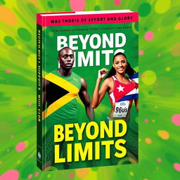 A vibrant and inspiring book cover for a biographical book titled 'Beyond Limits: Two Stories of Effort and Glory', featuring two heroes: Usain Bolt and Mireya Luis