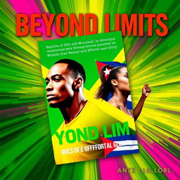 A vibrant and inspiring book cover for a biographical book titled 'Beyond Limits: Two Stories of Effort and Glory', featuring two heroes: Usain Bolt and Mireya Luis