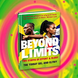 A vibrant and inspiring book cover for a biographical book titled 'Beyond Limits: Two Stories of Effort and Glory', featuring two heroes: Usain Bolt and Mireya Luis