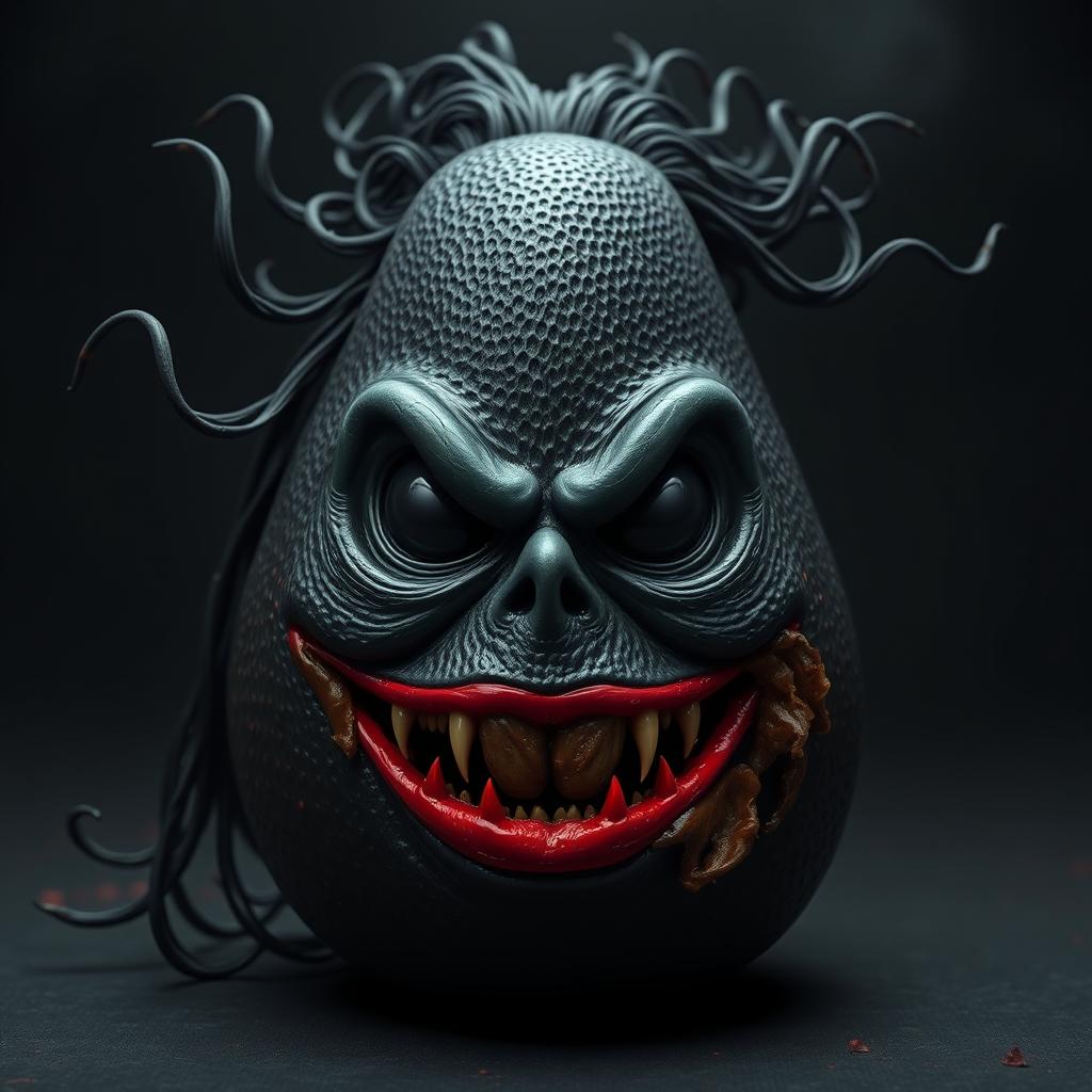 An evil, realistic feminine avocado with striking and sinister features