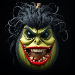 An evil, realistic feminine avocado with striking and sinister features