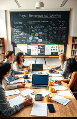 An educational setting showcasing a diverse group of professionals collaborating on project preparation and evaluation