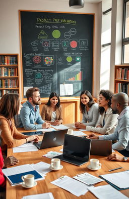 An educational setting showcasing a diverse group of professionals collaborating on project preparation and evaluation