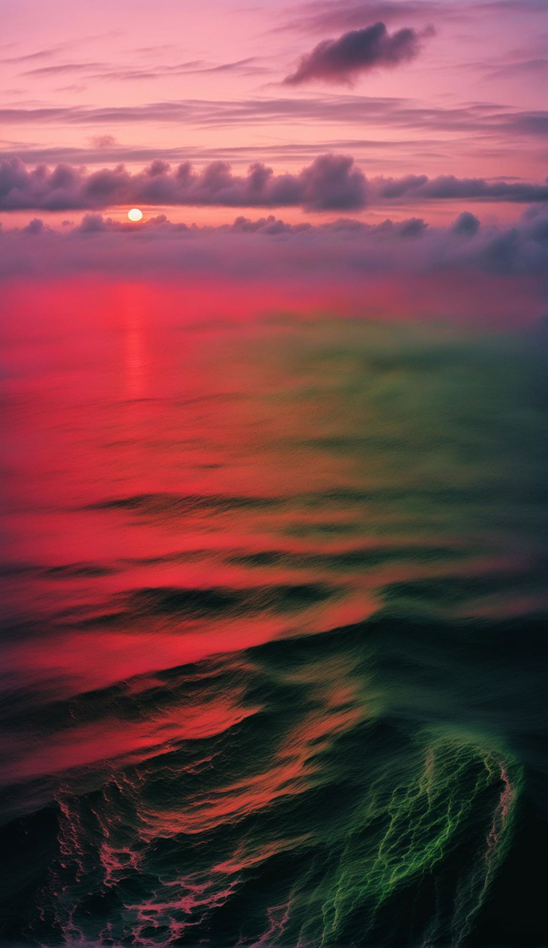 Dreamscape with an ocean sky reflecting sunset hues, ground obscured by pink fog from which neon green rain falls upwards. Captured on a 28 mm Kodak camera in 8K resolution.